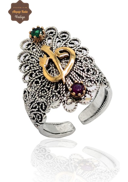 Zümrüt ve Yakut Taşlı Elif Vav Model El Işçiliği 925 Ayar Gümüş Telkari Yüzük 201023853