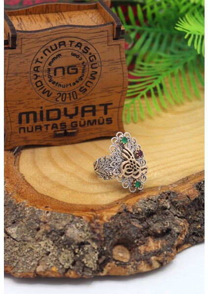 Yakut ve Zümrüt Taşlı Tuğra Model El Işçiliği 925 Ayar Gümüş Telkari Yüzük 201023857 fiyatları