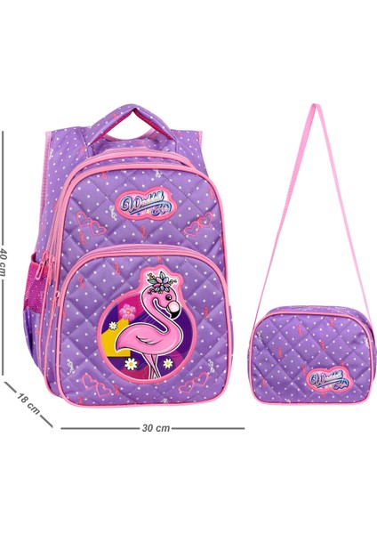 Lila Flamingo Desenli Embos İlkokul Çantası Beslenme Çantalı 24004