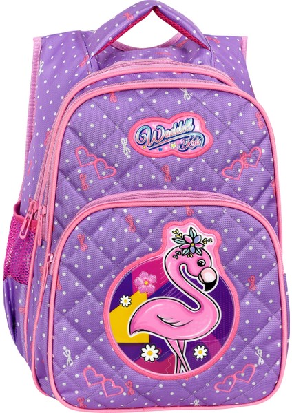 Lila Flamingo Desenli Embos İlkokul Çantası Beslenme Çantalı 24004