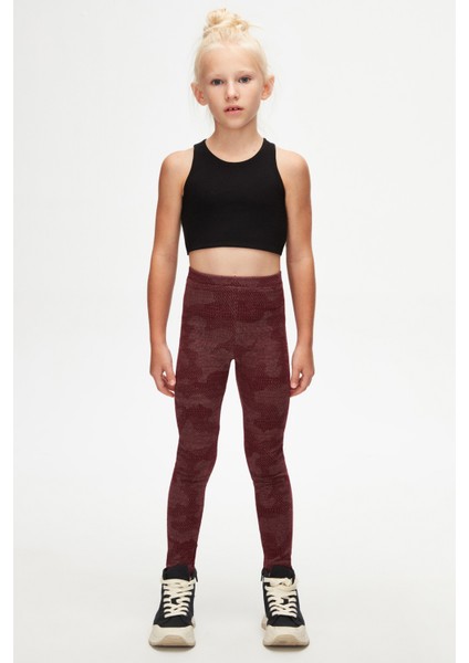 Bordo Flamingo Desenli Kız Çocuk Örme Kışlık Tayt