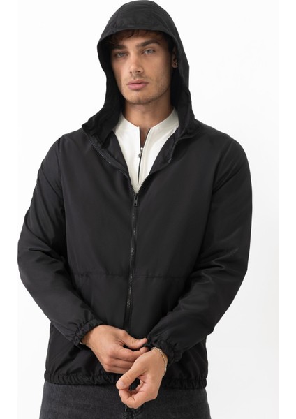 Erkek Siyah Kapüşonlu Su ve Rüzgar Geçirmez Astarlı Oversize Yağmurluk Y35 modelleri