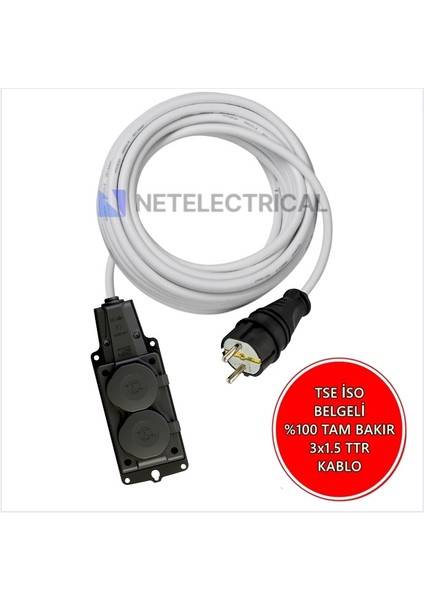 Kauçuk 2'li Topraklı Grup Priz Uzatma Kablosu 95 Metre 3x1.5 mm² Ttr Beyaz Kablolu