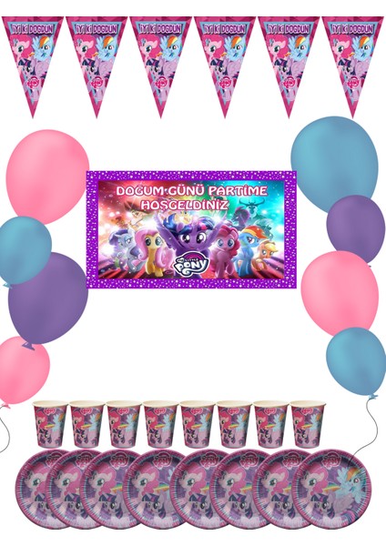 My Little Pony Bayraklı ve Afişli 8 Kişilik Doğum Günü Parti Malzemeleri Süsleri Seti