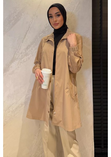 Kadın Kol Işleme Detaylı Cepli Tesettür Trençkot