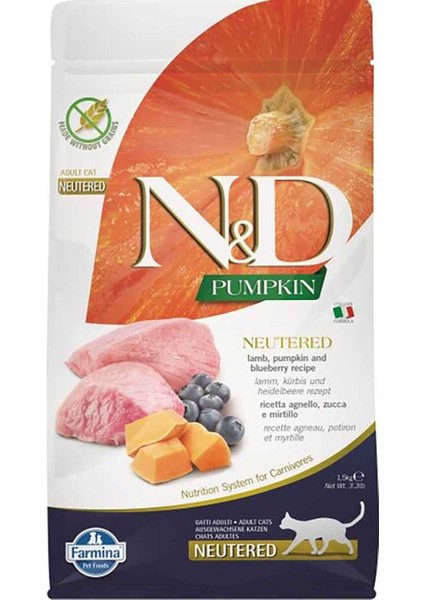 Pumpkin Kuzu Etli, Balkabaklı ve Yaban Mersinli Tahılsız Kısırlaştırılmış Kedi Maması 5 kg