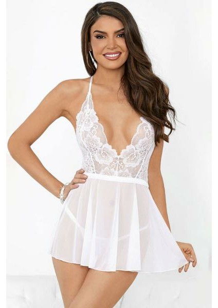 Kadın Tül Babydoll Gecelik Beyaz GZT-3061 L/xl