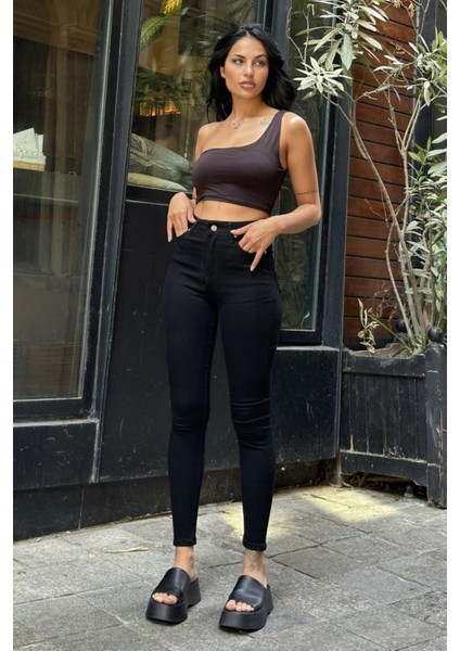 Siyah Yüksek Bel Skinny Jean Pantolon fırsatları