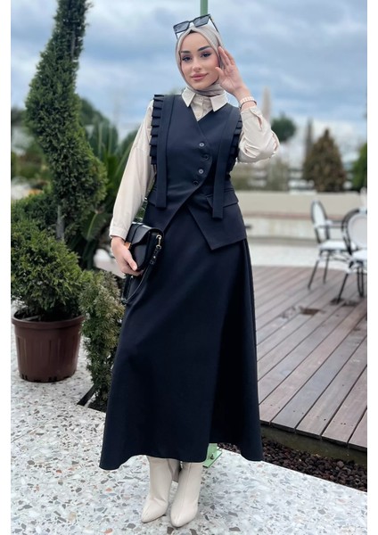 Kadın Omuz Fırfırlı Yelek Etek Tesettür Ikili Takım