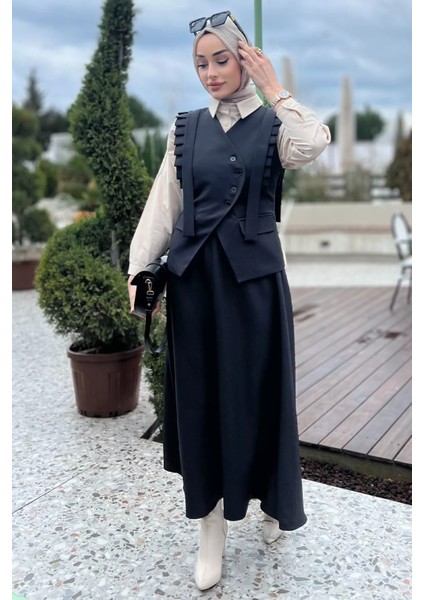 Kadın Omuz Fırfırlı Yelek Etek Tesettür Ikili Takım modelleri