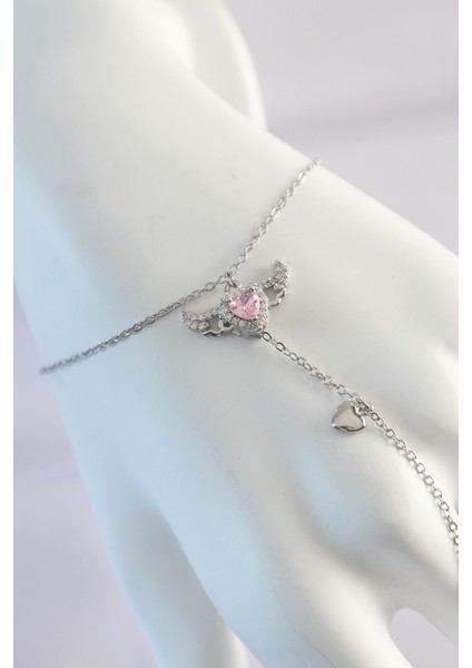 316L Çelik Gümüş Renk Pembe Zirkon Taşlı Kanatlı Kalp Model Şahmeran - Lisinya fiyatları