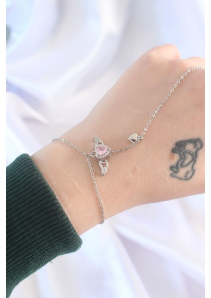 316L Çelik Gümüş Renk Pembe Zirkon Taşlı Kanatlı Kalp Model Şahmeran - Lisinya indirimleri