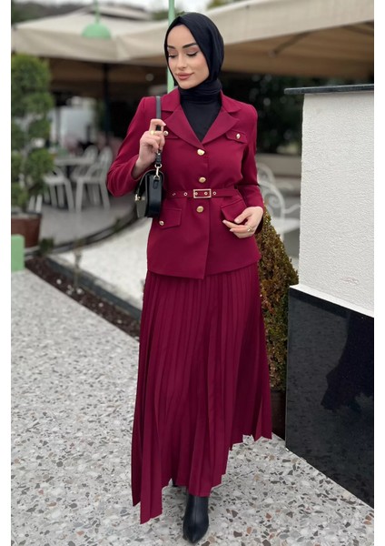 Kadın Kemer Aksesuarlı Blazer Ceket Etek Tesettür Ikili Takım