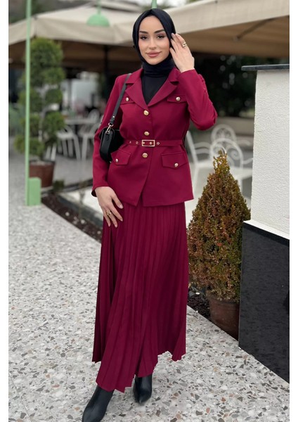 Kadın Kemer Aksesuarlı Blazer Ceket Etek Tesettür Ikili Takım fiyatları