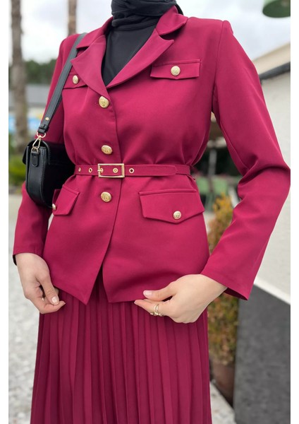 Kadın Kemer Aksesuarlı Blazer Ceket Etek Tesettür Ikili Takım modelleri