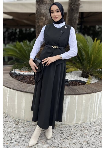 Kadın Kemer Aksesuarlı Broşlu Yelek Etek Tesettür Ikili Takım fiyatları