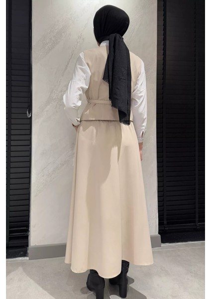 Kadın Kemer Aksesuarlı Broşlu Yelek Etek Tesettür Ikili Takım