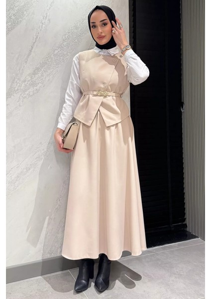 Kadın Kemer Aksesuarlı Broşlu Yelek Etek Tesettür Ikili Takım