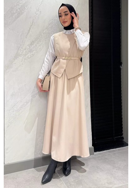 Kadın Kemer Aksesuarlı Broşlu Yelek Etek Tesettür Ikili Takım modelleri
