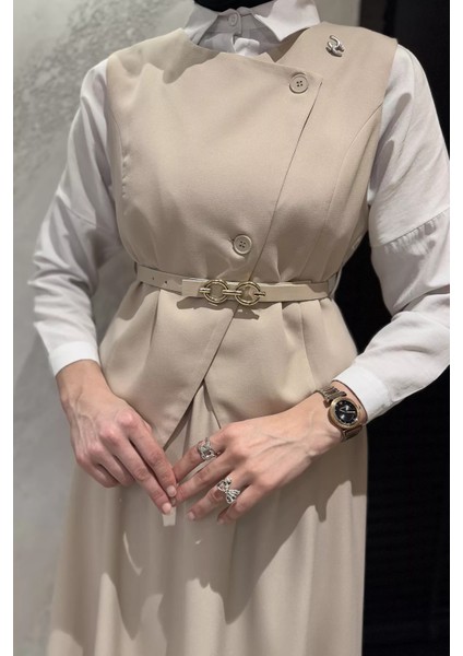 Kadın Kemer Aksesuarlı Broşlu Yelek Etek Tesettür Ikili Takım fırsatları