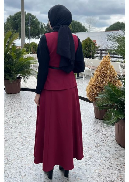 Kadın Kemer ve Broş Detaylı Yelek Etek Tesettür Ikili Takım indirimleri