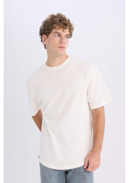 Boxy Fit Bisiklet Yaka Kısa Kollu Basic Düz Waffle Tişört B4443AX25SP