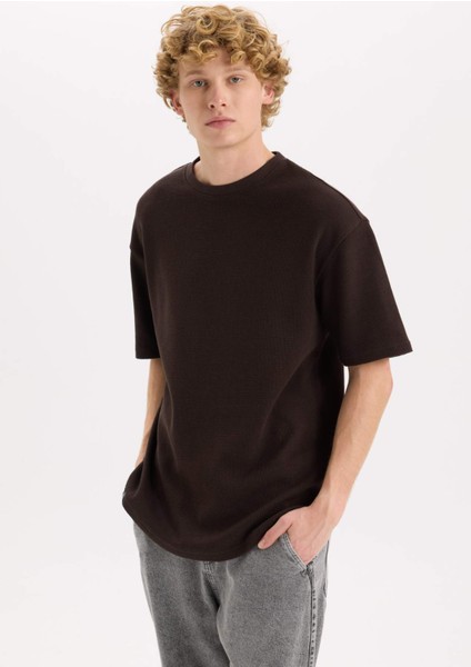 Boxy Fit Bisiklet Yaka Kısa Kollu Basic Düz Waffle Tişört B4443AX25SP