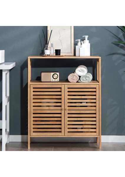 Bambu Çift Kapaklı 2 Raflı Çok Amaçlı Düzenleyici Organizer Dolap C1-1-100
