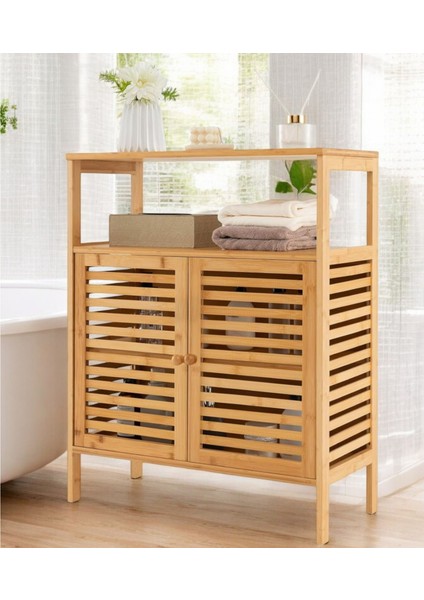 Bambu Çift Kapaklı 2 Raflı Çok Amaçlı Düzenleyici Organizer Dolap C1-1-100