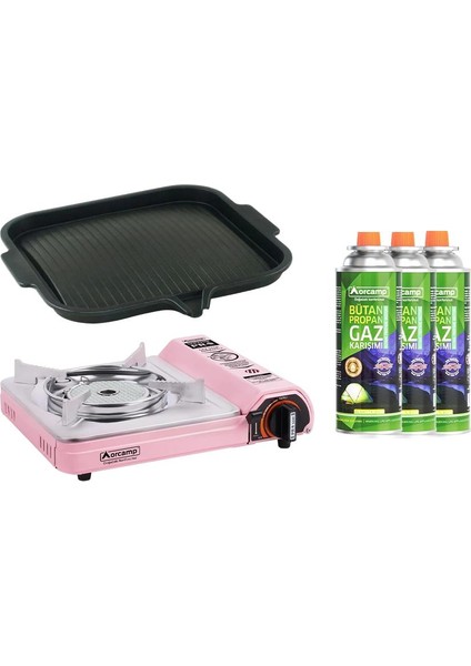 Seramik Pro Kamp Ocak Pembe CK-508+IZGARA Tava CK-505-1+3 Adet Kartuş KTS-227 ORC-018-B3