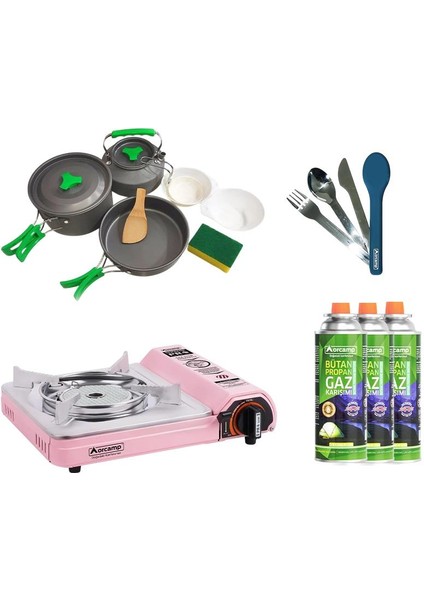 Seramik Pro Kamp Ocak Pembe CK-508+3 Parça Tencere Seti OUT-1150+ÇKB OUT-1970-M+3 Adet Kartuş KTS-227 ORC-018-D1