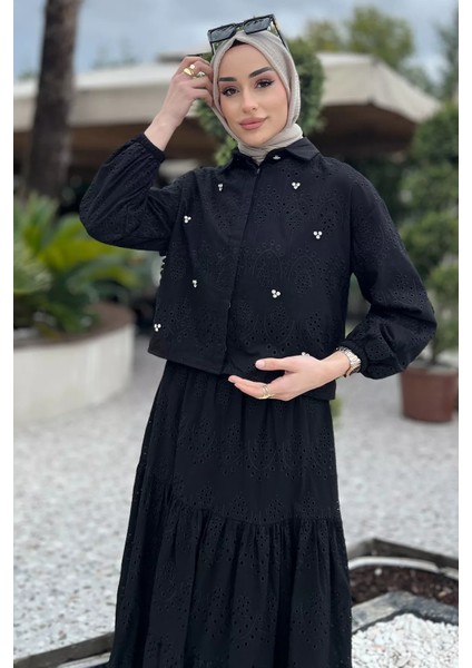 Kadın Taşlı ve Fistolu Gömlek Etek Tesettür Ikili Takım
