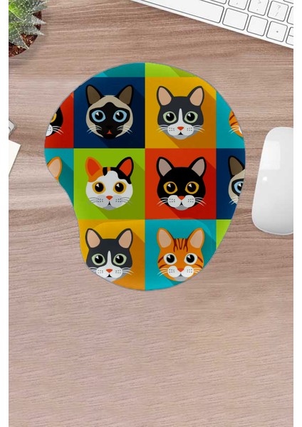 Kedi, Kedi Desenli, Konforlu, Bilek Destekli Mouse Pad, Bilgisayar Faresi Pedi