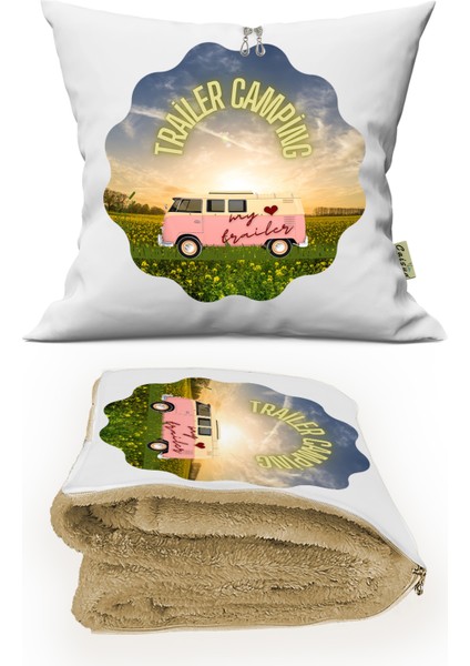 Karavan Baskılı Battaniyeli Opsiyonel Yastık Kırlent Camping