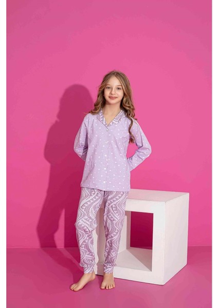 Tarık 6-13 Yaş Kız Çocuk Önden Düğmeli Pijama 3017250 - Lila
