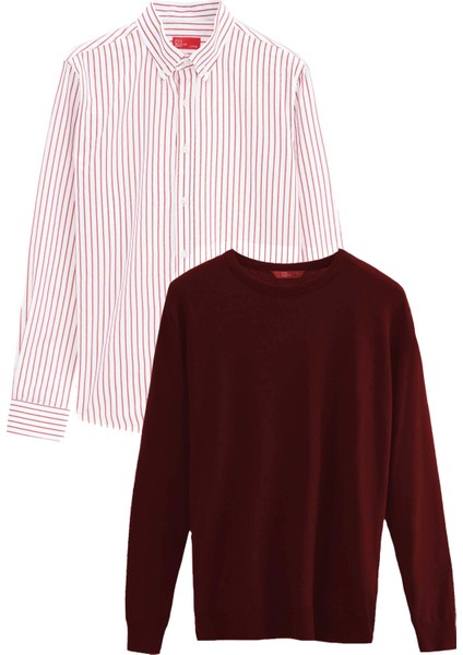Ds Damat Slim Fit Bordo Pamuk Karışımlı 2'li Bisiklet Yaka Gömlek ve Kazak