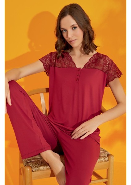 Kadın Dantelli Kol V Yaka Viskon Likra Düğmeli Kısa Kol Pijama Takımı