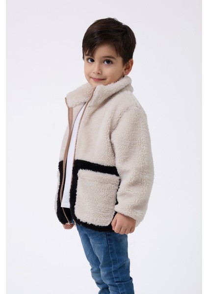Erkek Çocuk Peluş Ekru Siyah Fermuarlı Welsoft Kışlık Mont Fmç-Peluş