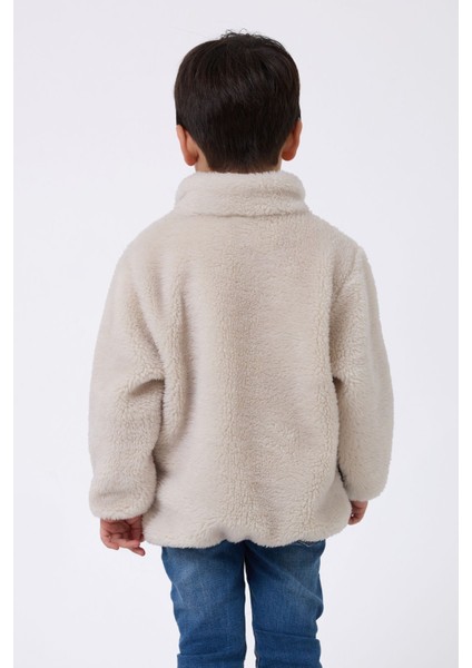 Erkek Çocuk Peluş Ekru Siyah Fermuarlı Welsoft Kışlık Mont Fmç-Peluş