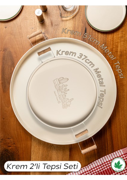 2 Li Ahşap Kulplu 51 cm Metal Tepsi ve 37 cm Metal Tepsi Çay Kahve Sunum Tepsisi Krem