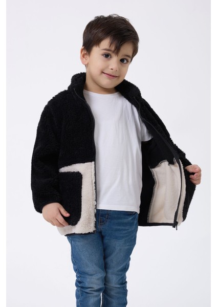 Erkek Çocuk Peluş Siyah Ekru Fermuarlı Welsoft Kışlık Mont Fmç-Peluş
