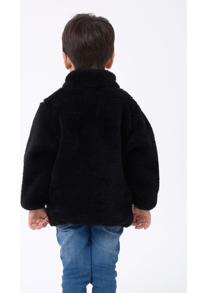 Erkek Çocuk Peluş Siyah Ekru Fermuarlı Welsoft Kışlık Mont Fmç-Peluş