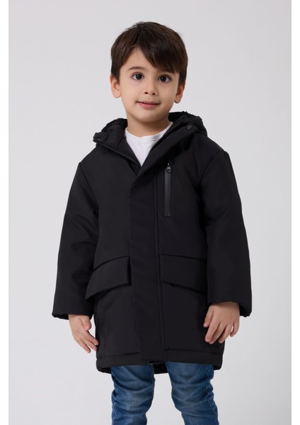 Erkek Çocuk Siyah Kürklü Su ve Rüzgar Geçirmez Kapüşonlu 3 Kışlık Mont & Kaban & Parka FMPÇ-110
