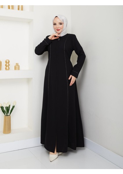 Belçim Kadın Büyük Beden Önü Taşlı Etamin Kumaş Ferace modelleri