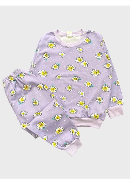 Kız Çocuk Pamuklu Lila Çiçek Papatya Desenli Uzun Kollu Mevsimlik Pijama Takımı
