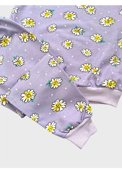 Kız Çocuk Pamuklu Lila Çiçek Papatya Desenli Uzun Kollu Mevsimlik Pijama Takımı