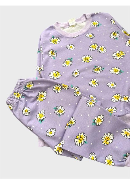 Kız Çocuk Pamuklu Lila Çiçek Papatya Desenli Uzun Kollu Mevsimlik Pijama Takımı