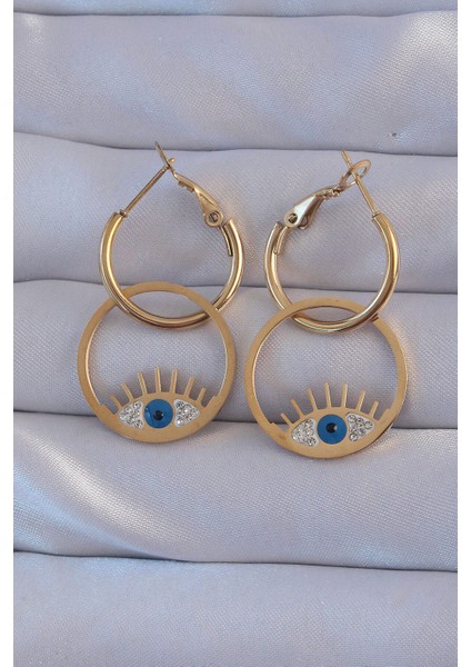 316L Çelik Gold Renk Zirkon Taşlı Mavi Göz Tasarımlı Halka Küpe - Lisinya