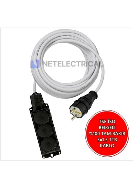 Kauçuk 3'lü Topraklı Grup Priz Uzatma Kablosu 7 Metre 3x1.5 mm² Ttr Beyaz Kablolu