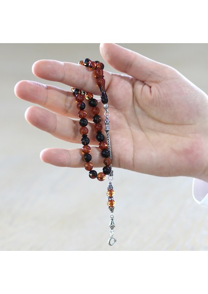 925 Ayar Gümüş Ay Yıldız Püsküllü Küre Kesim Sarı-Siyah Ateş Kehribar Tesbih indirimleri